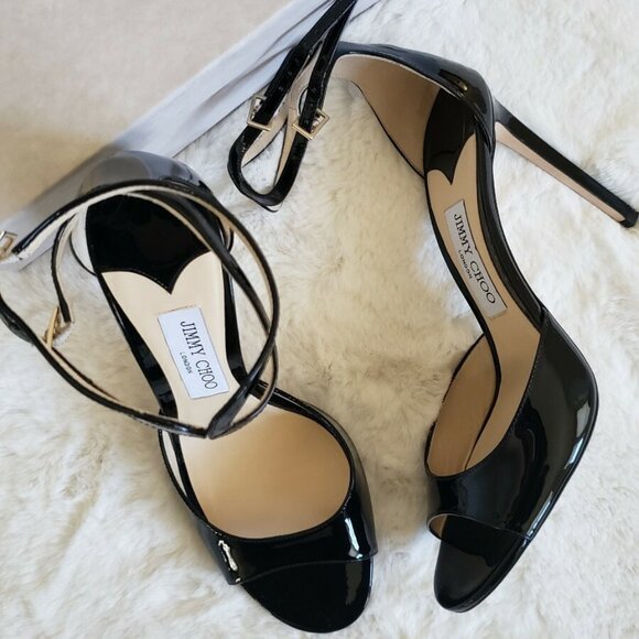 Jimmy Choo Patent Black Sandals - Picture 1 of 5